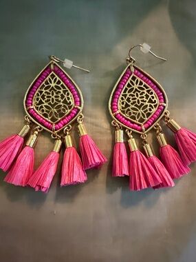 Gold Filigree Teardrop Earrings with Hot Pink Tassels